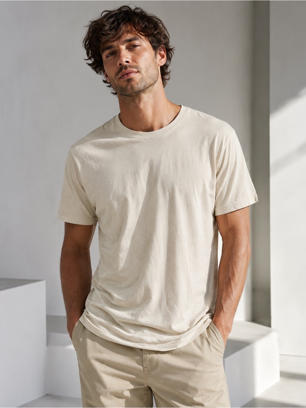 Sonoma Goods For Life Mens XL Cream Cotton Blend Short Sleeve Crewneck Tee Shirt